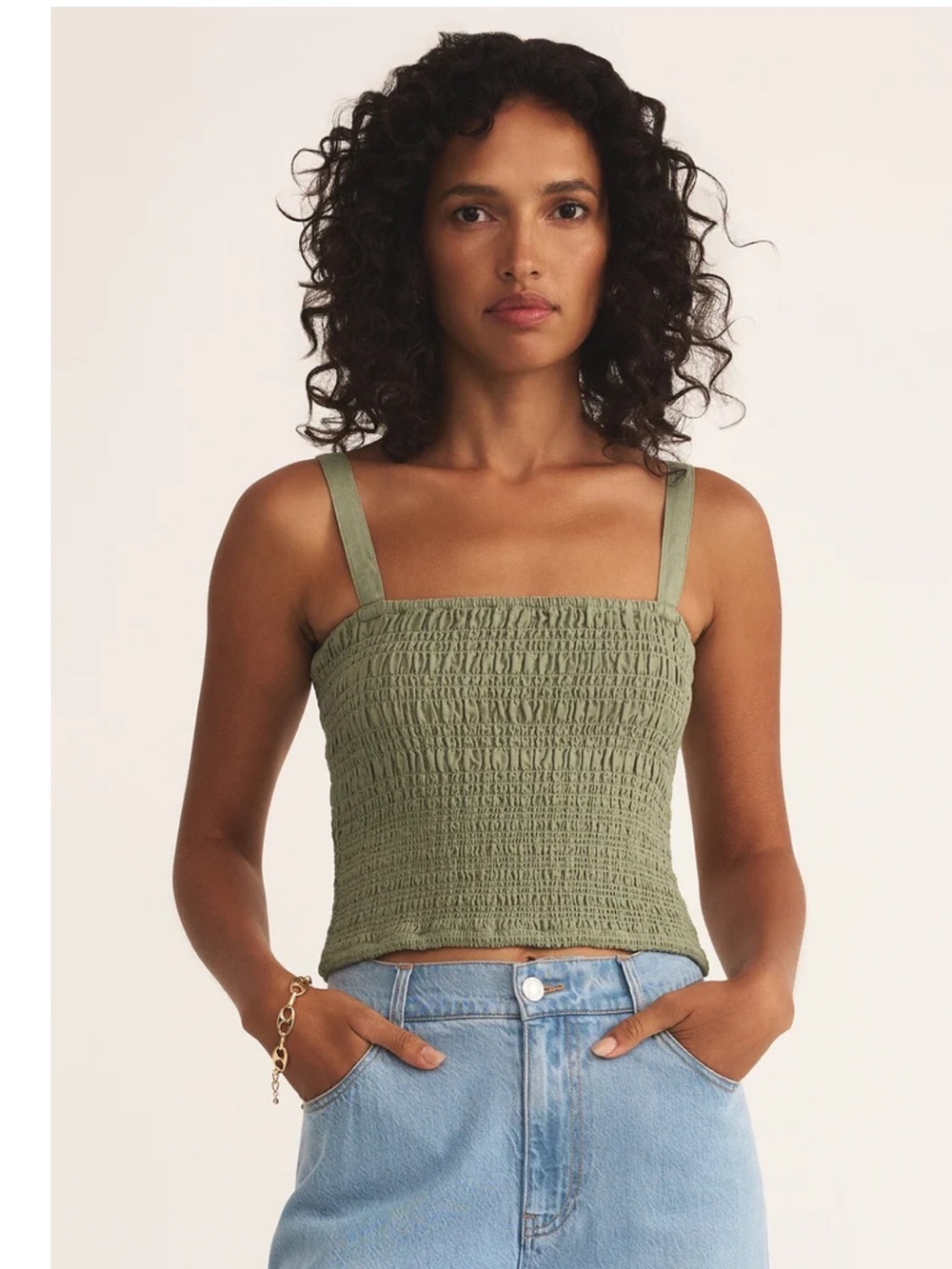 NWT Z Supply Amelie Smocked Linen Crop Tank in Avocado Size XS